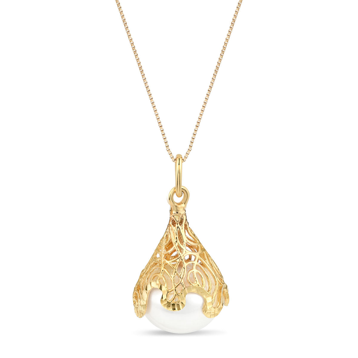 Women's 14K Italian Yellow Gold Filigree Pearl Necklace