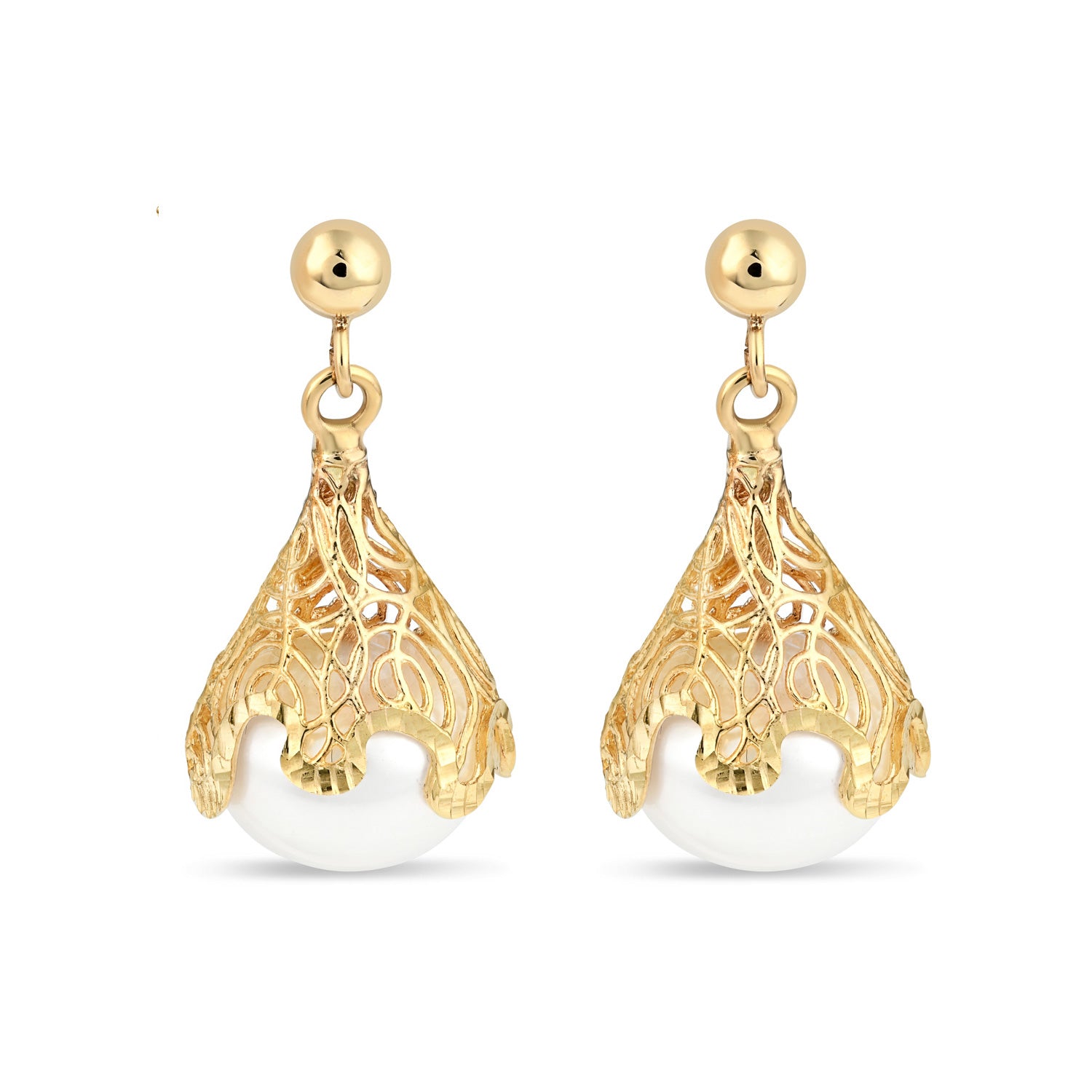 Women's 14K Italian Yellow Gold Filigree Cultured Pearl Earrings