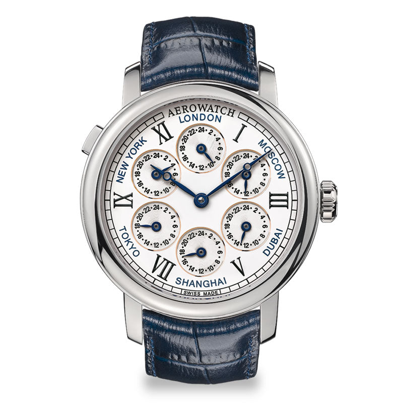 Swiss-made 7 Time Zones Watch (Dark Blue Leather with Silver Finish)