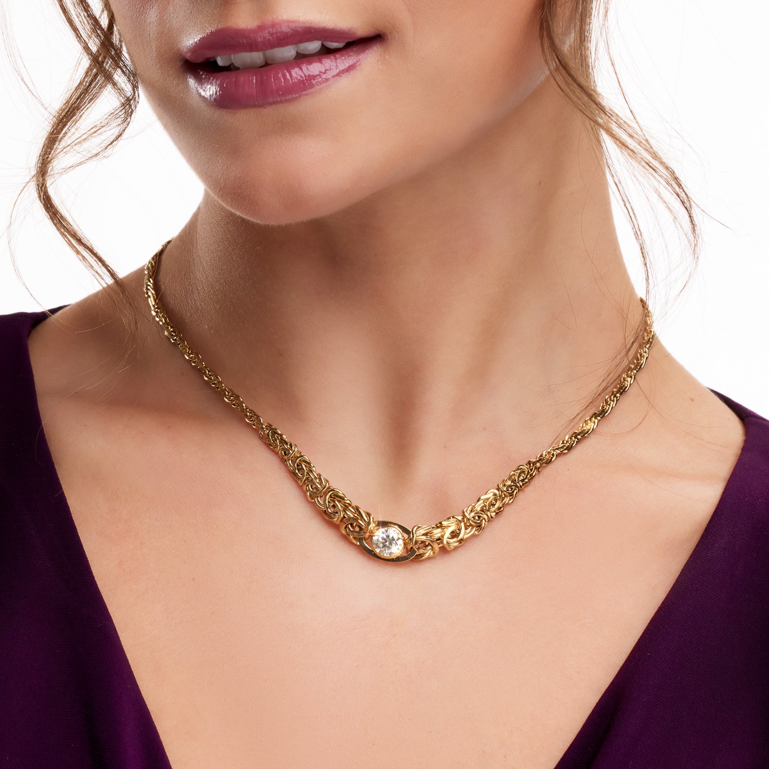 Women's 14K Yellow Gold Moissanite Byzantine Fancy Necklace On Model