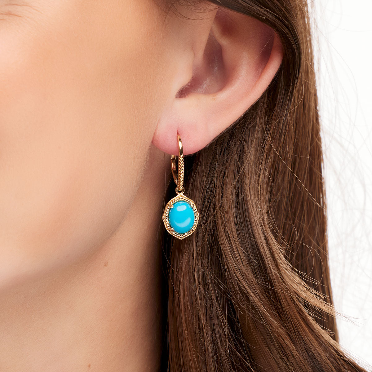 Women's 14K Yellow Gold Sleeping Beauty Turquoise Earrings-On Model