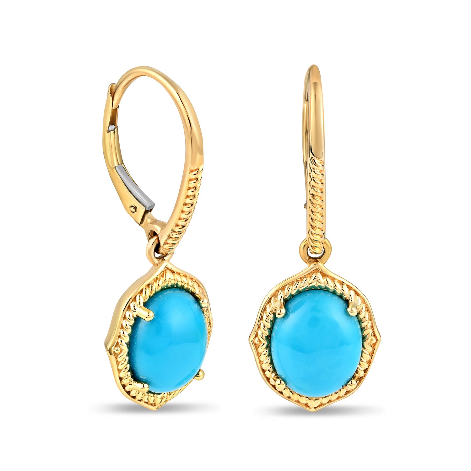 Women's 14K Yellow Gold Sleeping Beauty Turquoise Earrings-Front and 3/4 view