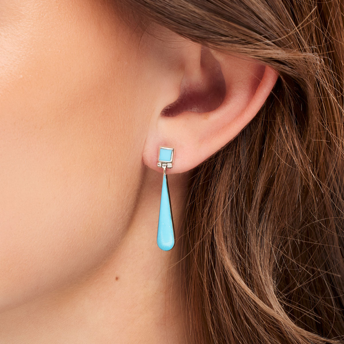 Sterling Silver Navajo Turquoise Earrings On Model