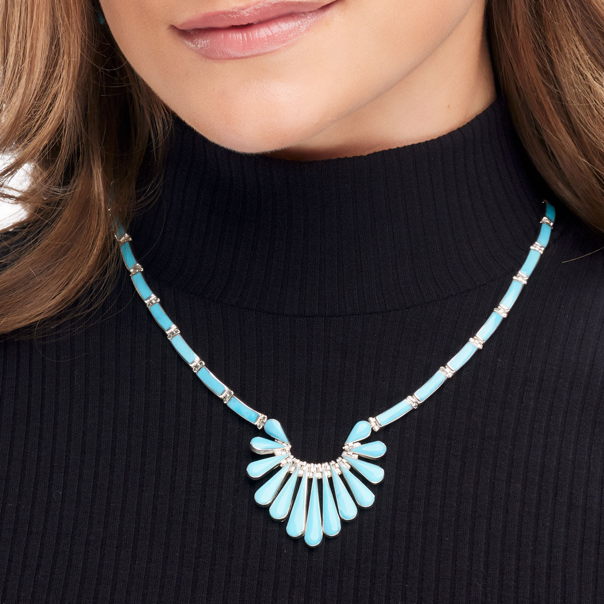 Sterling Silver Navajo Turquoise Necklace On Model