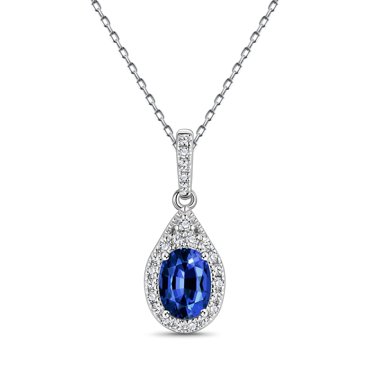 14K White Gold Oval Blue Sapphire & Diamond Necklace