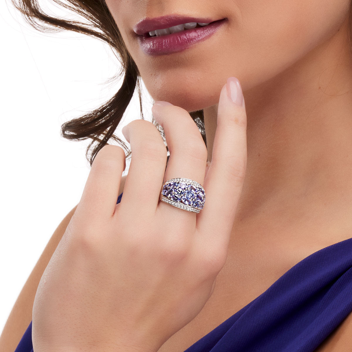 Women's Sterling Silver Tanzanite & White Zircon Ring On Model