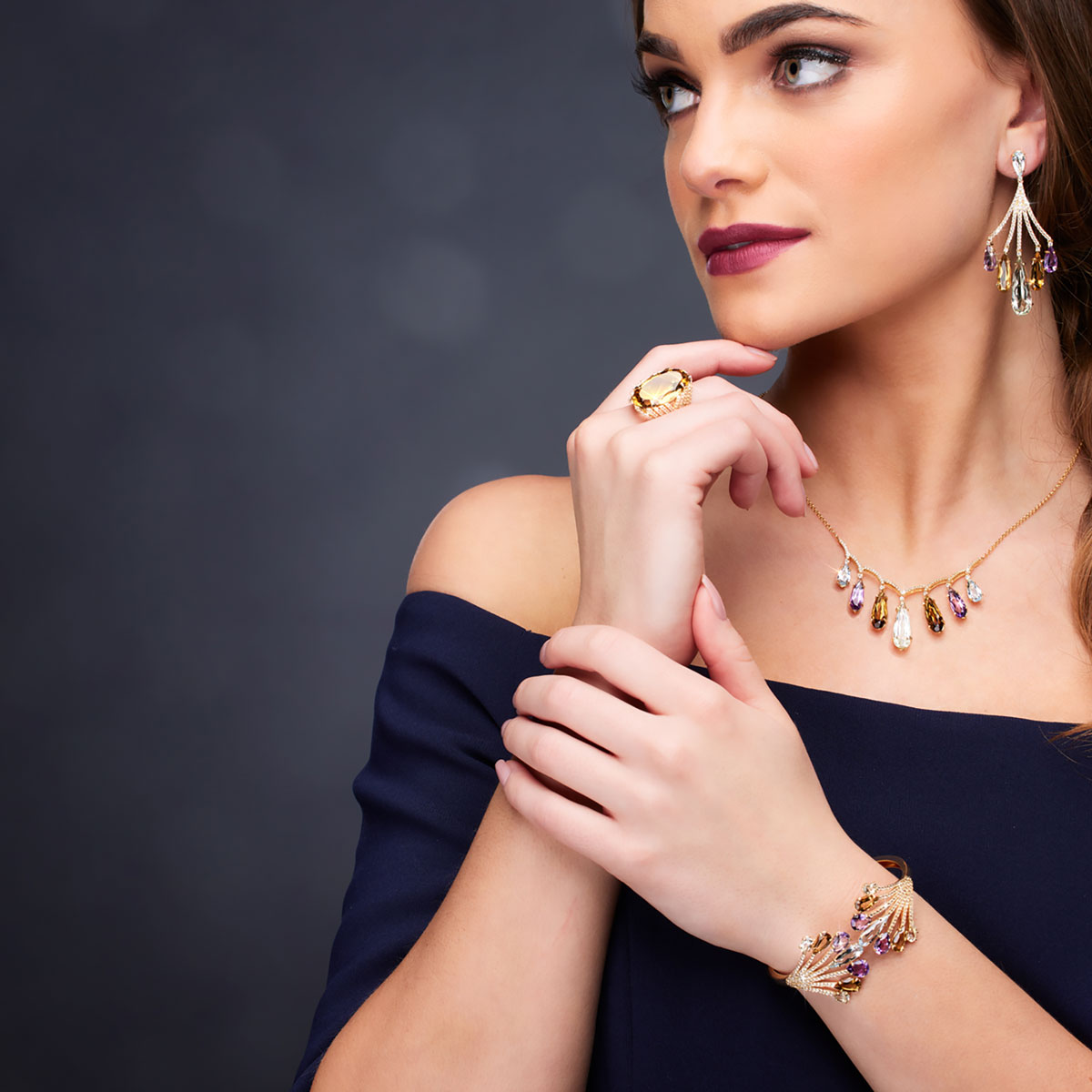 Model wearing Stauer jewelry