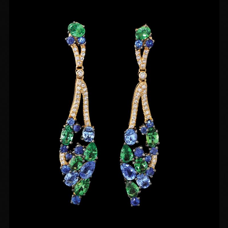 14K Gold Sapphire & Tsavorite Earrings