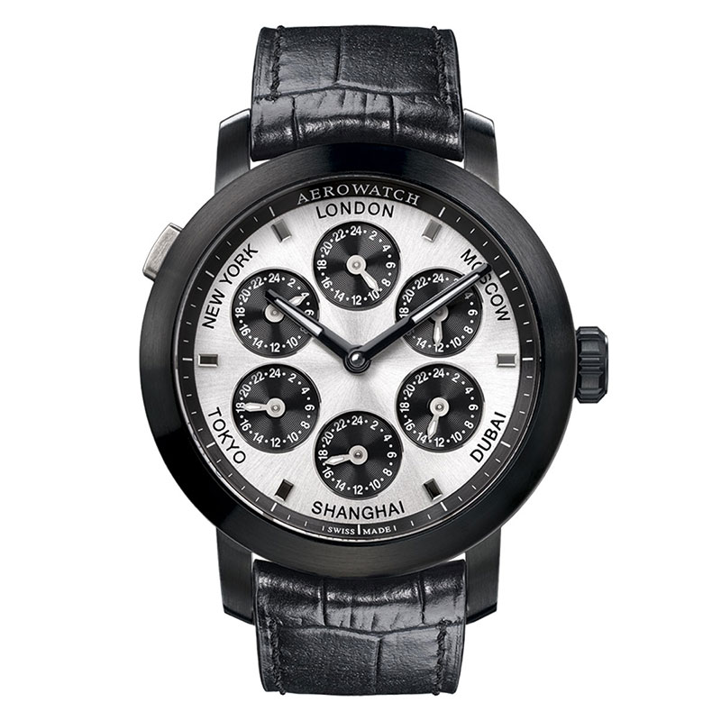 Swiss-made 7 Time Zones Watch (Black Leather with Black Finish)