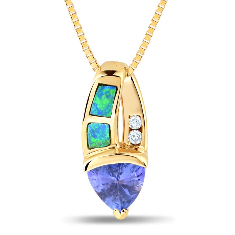 14K Yellow Gold  Trillion Tanzanite and Opal Necklace