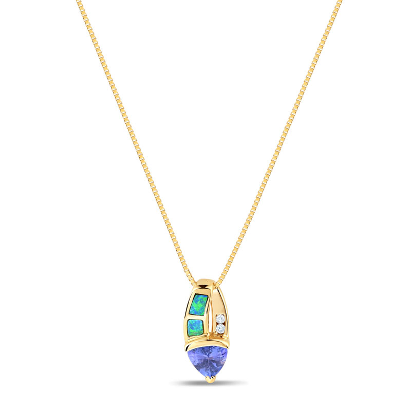 14K Yellow Gold  Trillion Tanzanite and Opal Necklace