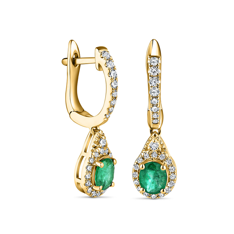 14k Yellow Gold Oval Emerald & Diamond Earrings