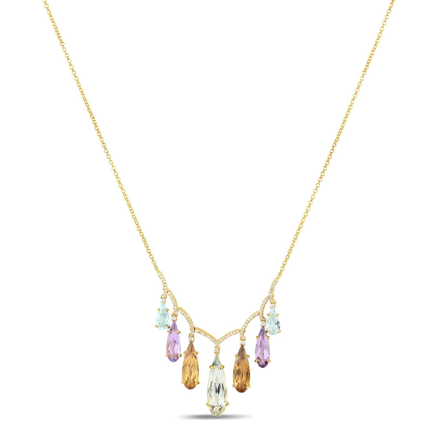 18K Yellow Gold Vermeil Amethyst, Prasiolite, Blue Topaz & Citrine Necklace