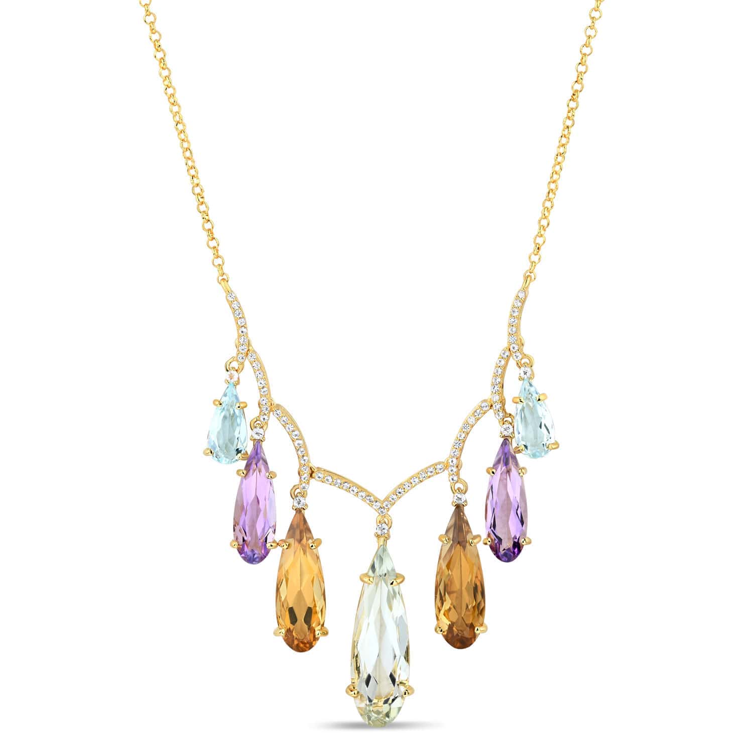 18K Yellow Gold Vermeil Amethyst, Prasiolite, Blue Topaz & Citrine Necklace