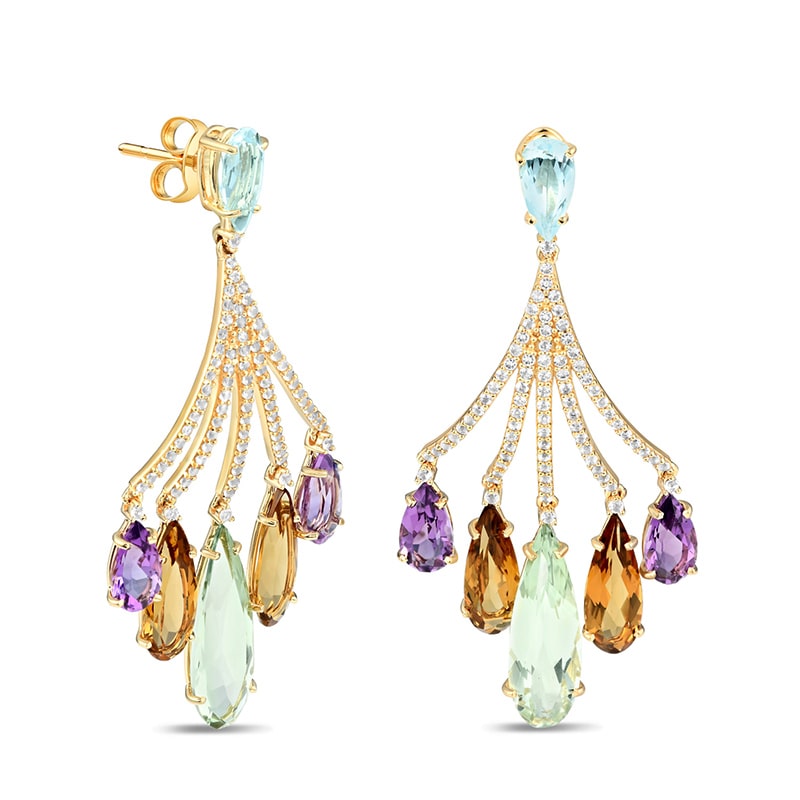 18K Yellow Gold Vermeil Amethyst, Prasiolite, Blue Topaz & Citrine Earrings