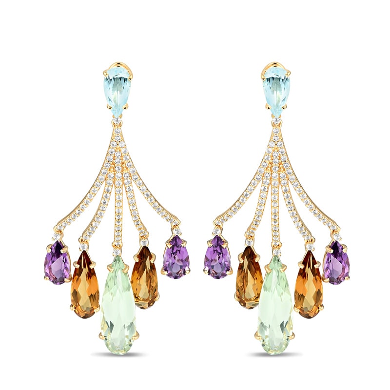 18K Yellow Gold Vermeil Amethyst, Prasiolite, Blue Topaz & Citrine Earrings