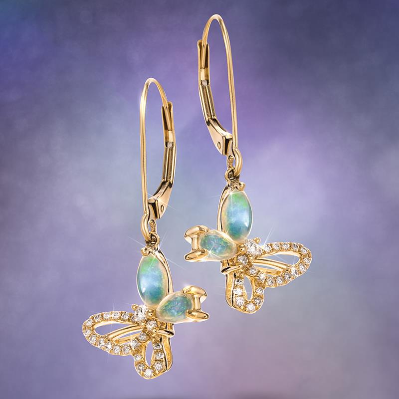 10k Yellow Gold Opal & Diamond Butterfly Earrings (1.4 ctw)