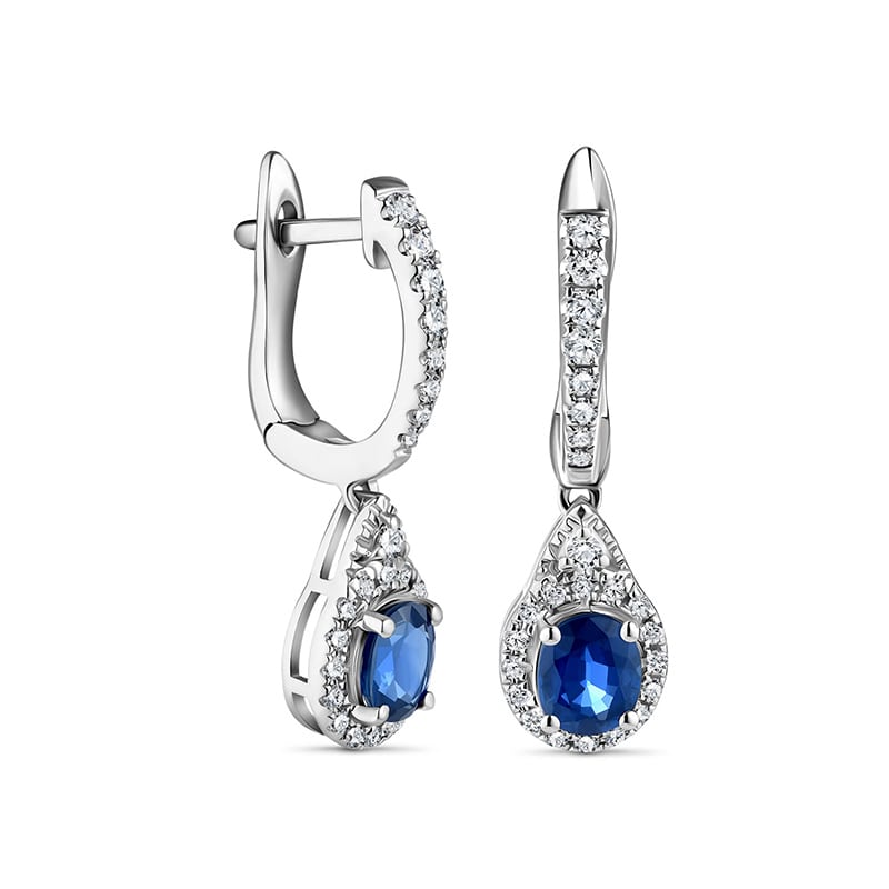 14K White Gold Oval Blue Sapphire & Diamond Earrings