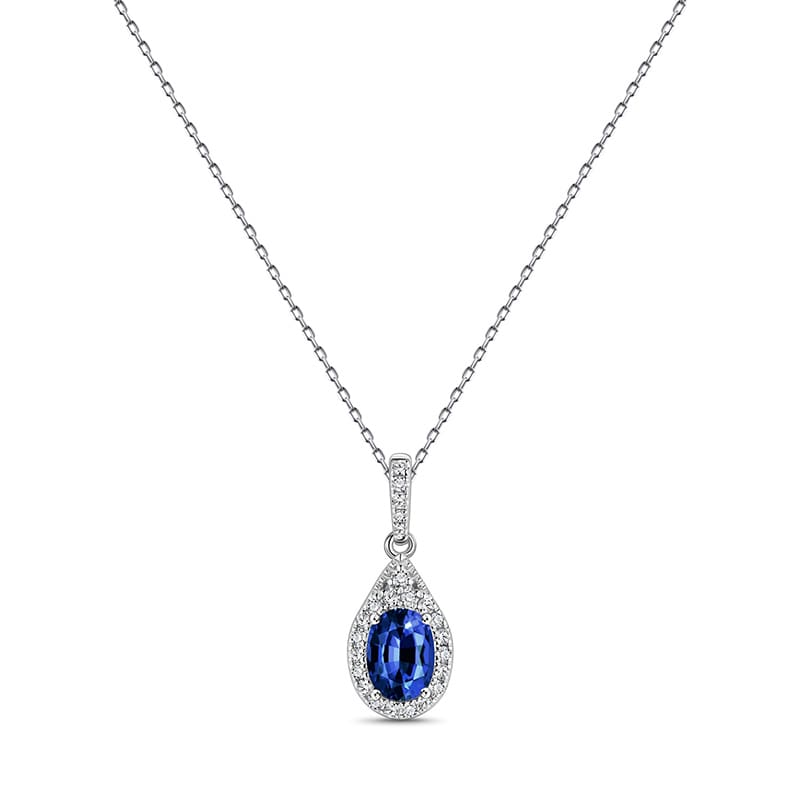 14K White Gold Oval Blue Sapphire & Diamond Necklace