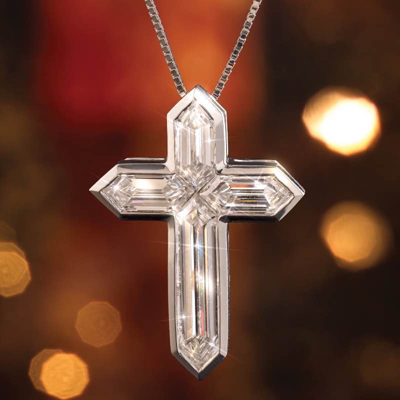 14K White Gold  Custom Cut Lab Diamond Cross