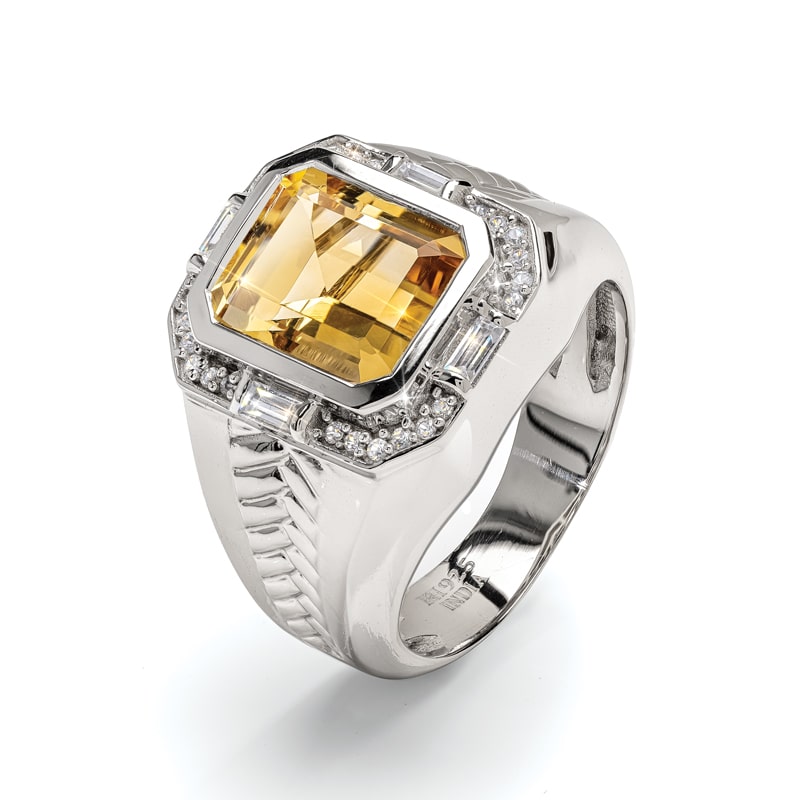 Men's Sterling Silver Citrine & White Zircon Ring