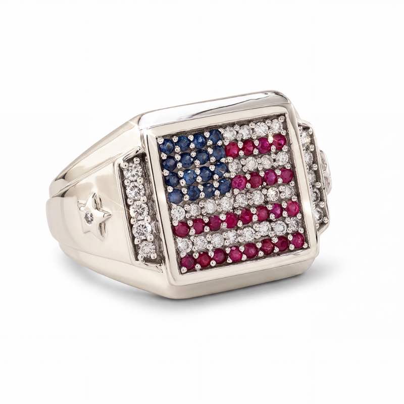 10K White Gold Men's Blue Sapphire, Ruby & Diamond Ring