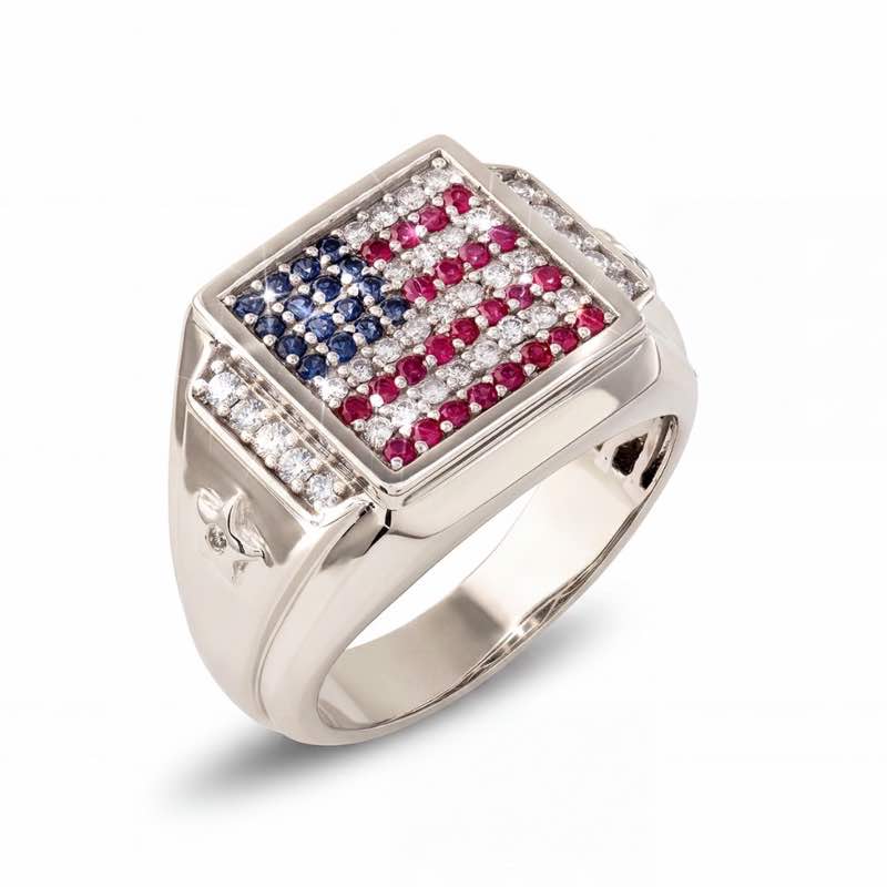 10K White Gold Men's Blue Sapphire, Ruby & Diamond Ring